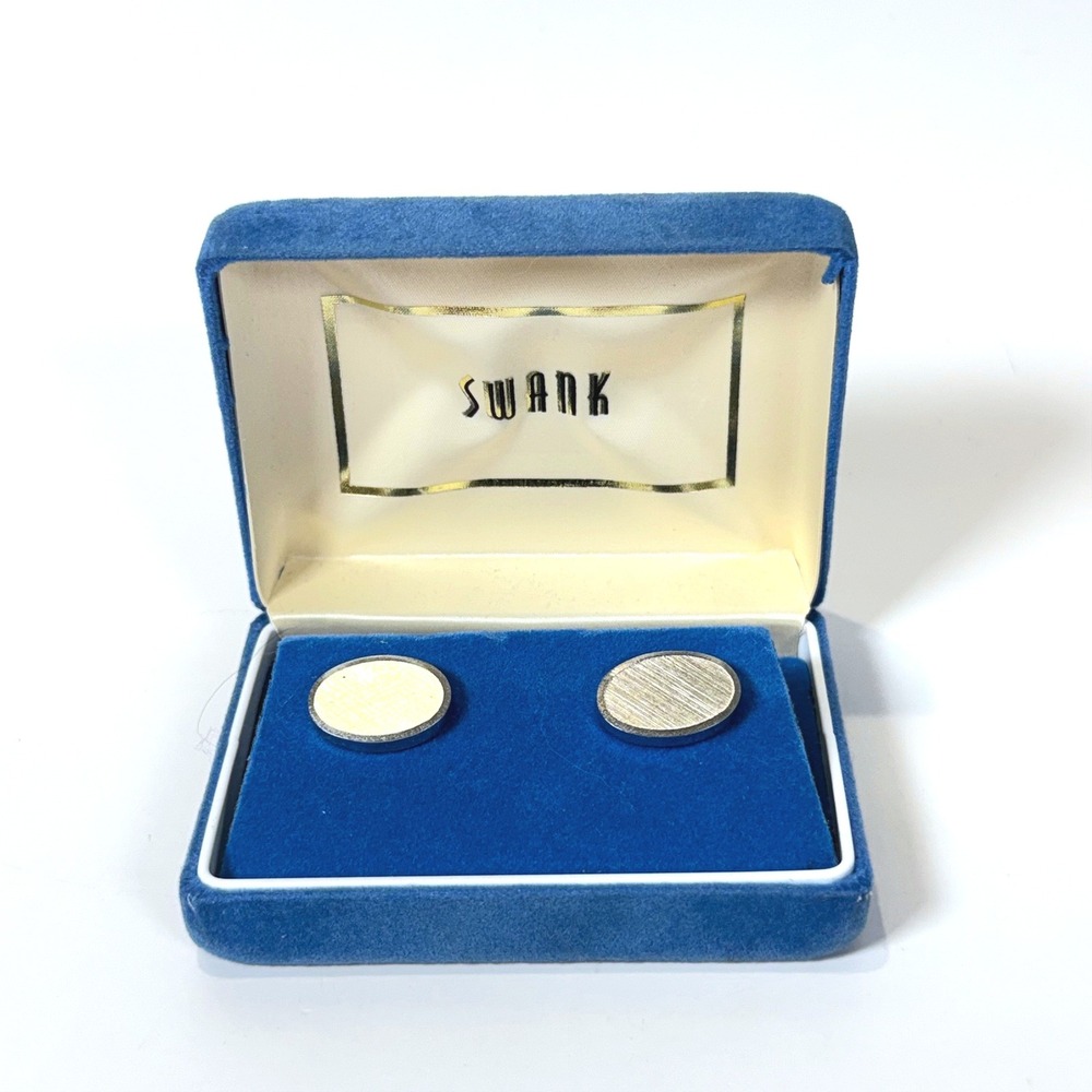 Swank Vintage Silver Tone Textured Oval Cufflinks with Original Blue Box